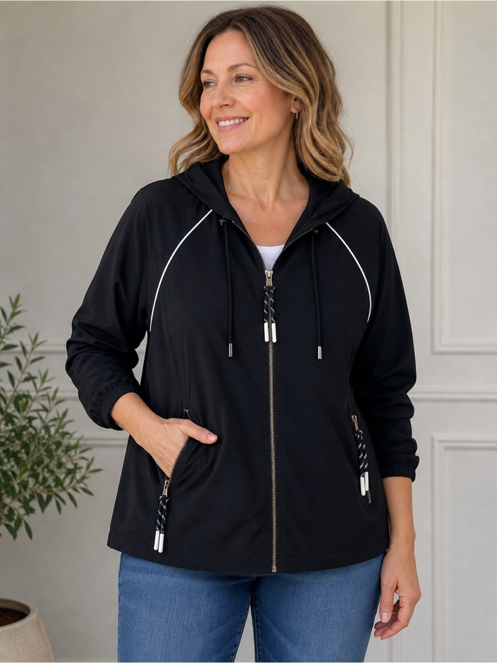 Tribal Sport Black Hooded Zip-Front Jacket with White Piping and Gold Accents